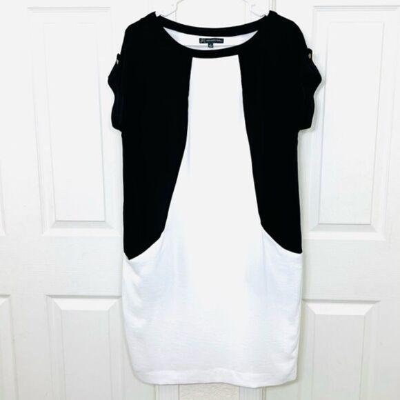 Adrianna Papell Black and White Shift Day Dress Color Blocked Pockets Size Small - Picture 12 of 12